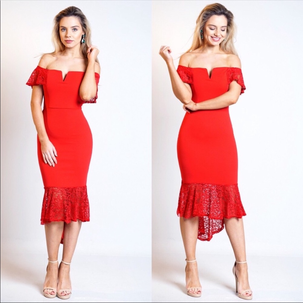 Red Lace Detail Asymmetric Dress - Picture 2 of 8